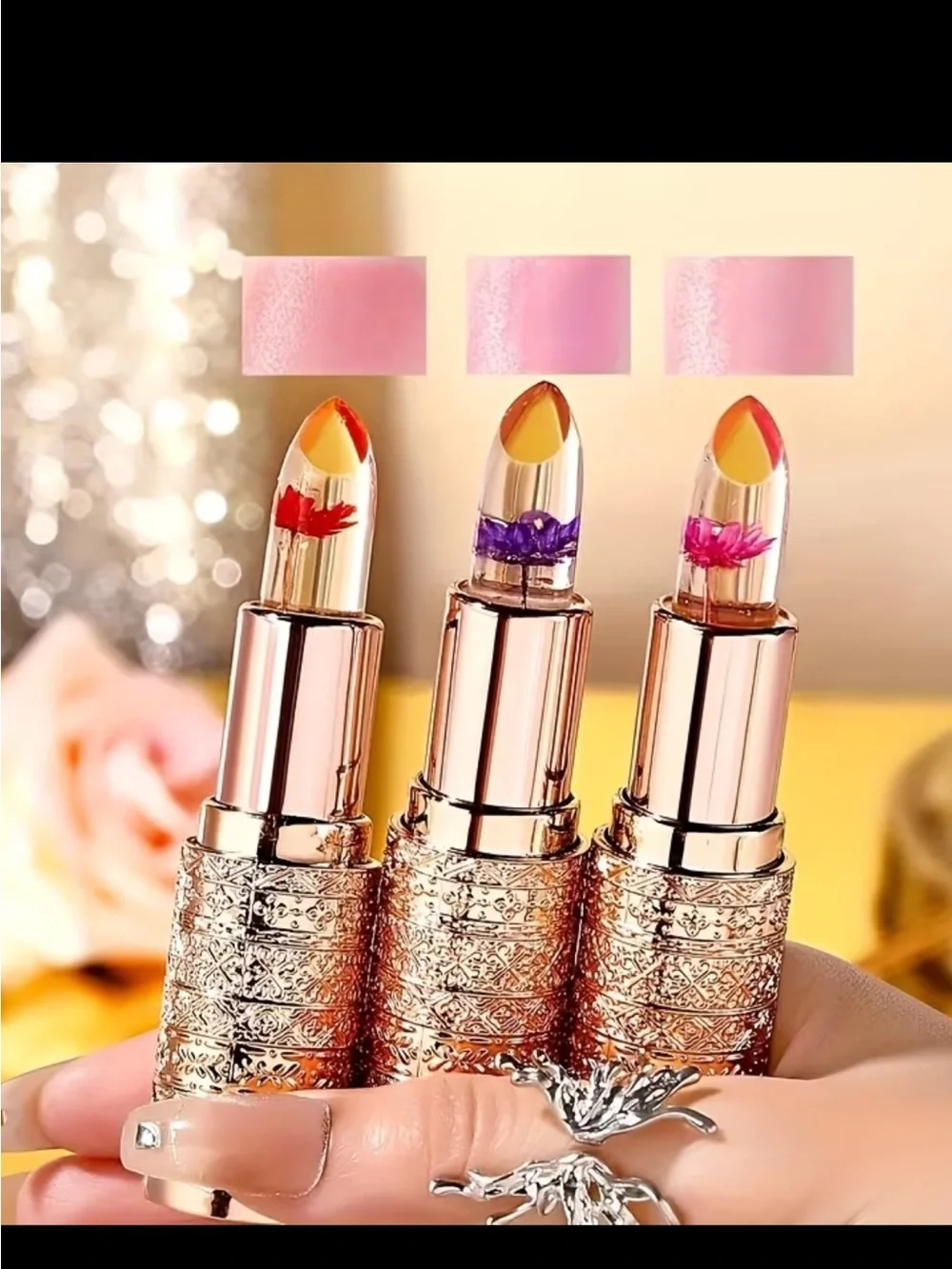 Gold Floral Jelly Lipstick Trio — Pink, Peach, Clear